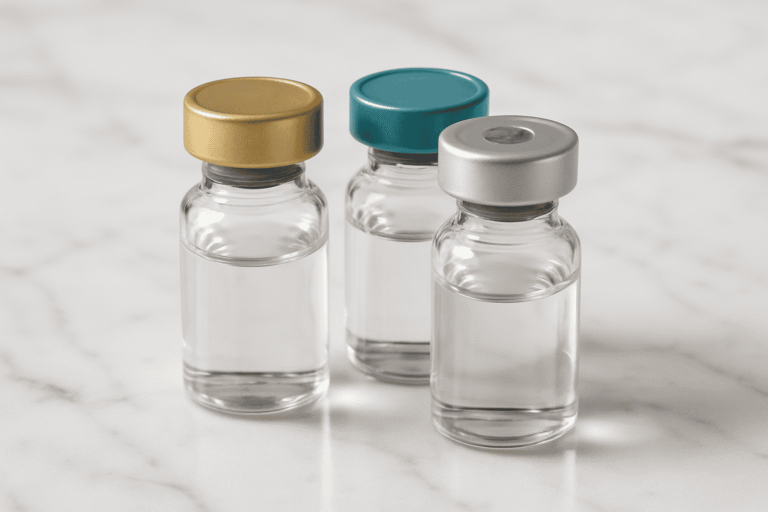 Vials with colorful caps for peptide research and supplements.