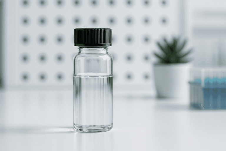 Clear glass supplement bottle with black cap on a white surface.