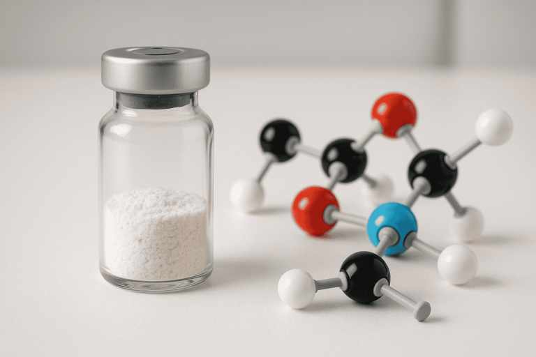 Laboratory vial and molecular model of peptides for health and fitness.