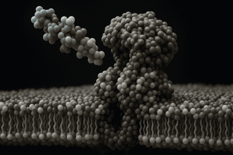 Highly detailed peptide structure interacting with cell membrane for opti research.