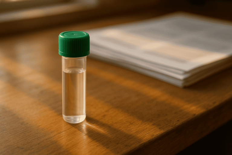 Vial of peptide sample on wooden table, focus on laboratory research.