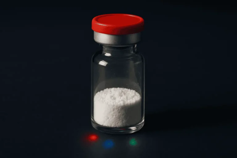 Small glass vial with white powder supplement and red cap, on dark background.