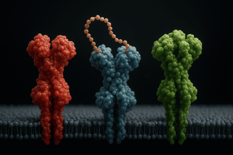 Image of colorful peptide molecules interacting with a cell membrane, highlighting peptide research.
