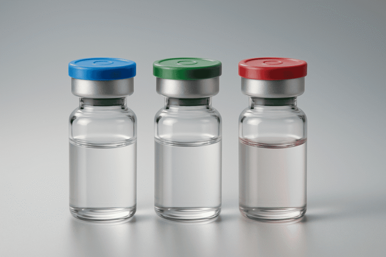 Three glass vials with blue, green, and red caps, containing clear liquids, on a neutral background.