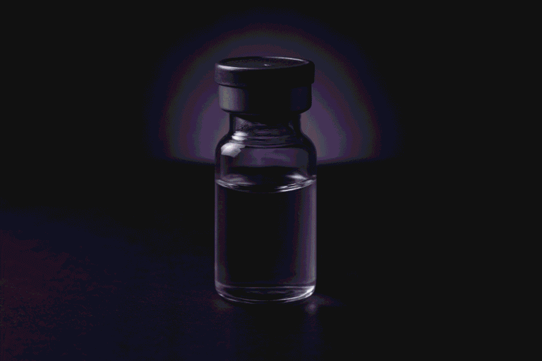 Vial of Alpha Peptides supplement for fitness and health optimization.