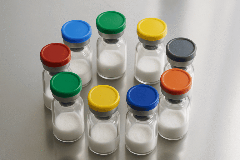 Collection of small glass vials with colorful caps containing peptides or supplements.