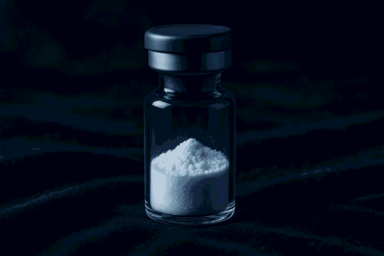 Small glass vial with white powder, supplement or peptide product.