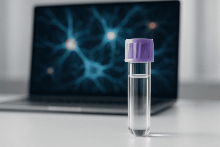 Laboratory peptide sample in a test tube with a neural network background.