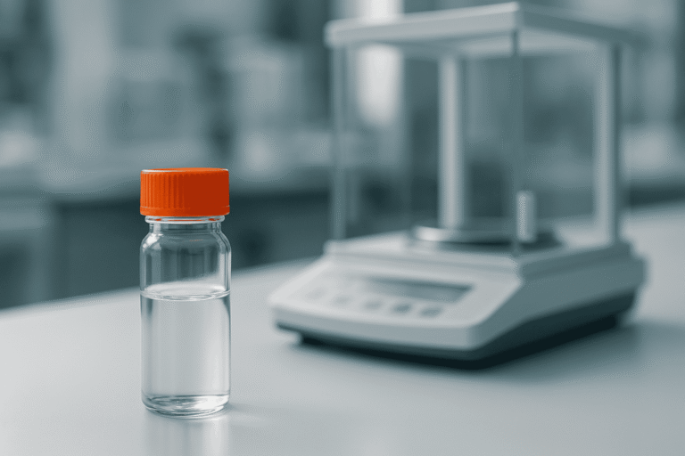 Laboratory vial with clear liquid and precision scale for peptide analysis.