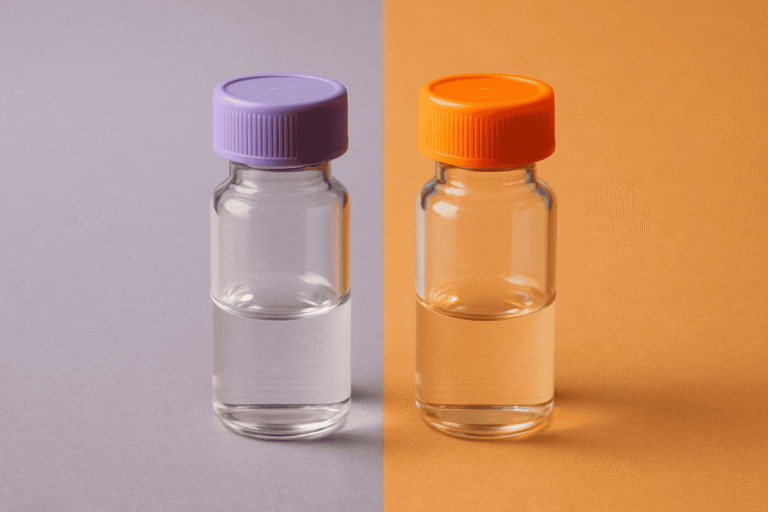 Two peptide vials with purple and orange caps, highlighting peptide sample quality.