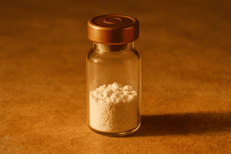Close-up of a small glass vial with white powder, representing peptides for health and fitness.