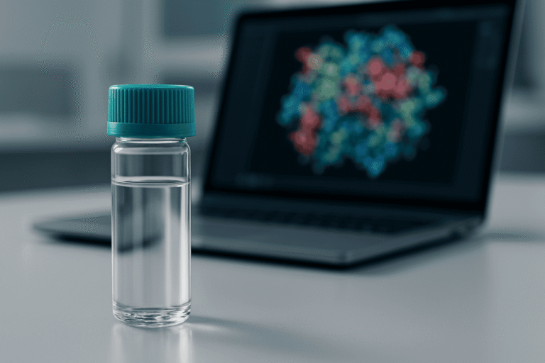Vial with peptide sample in front of a computer displaying molecular structures.