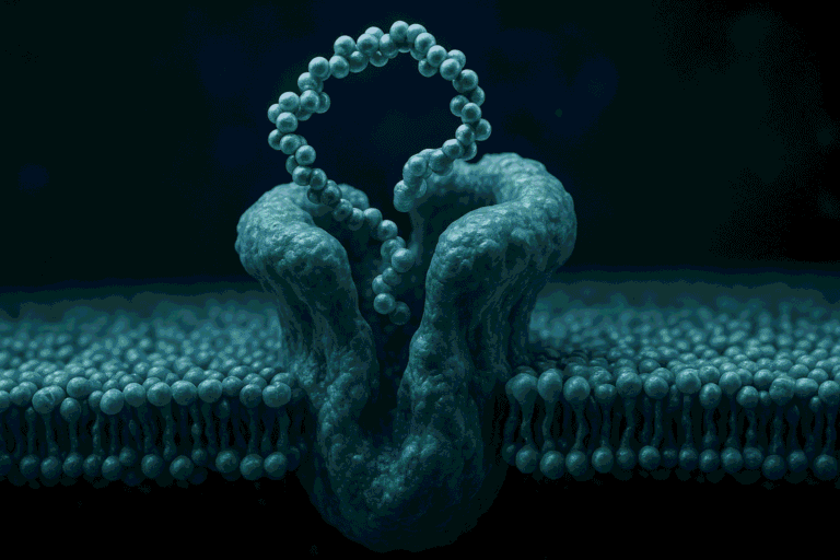 Detailed image of a peptide molecule on a cell membrane, emphasizing peptide synthesis.