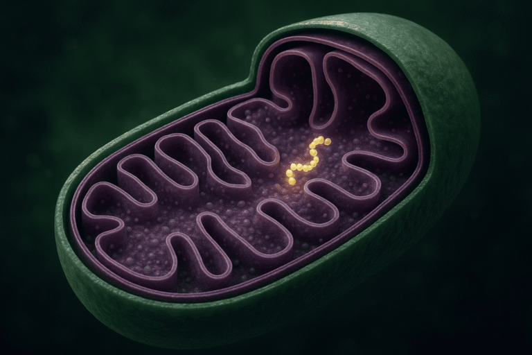 Detailed view of a mitochondrion with DNA, highlighting cellular energy production.