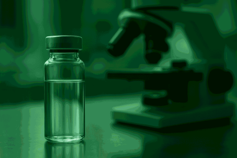 Vial and microscope for peptide research and laboratory analysis.