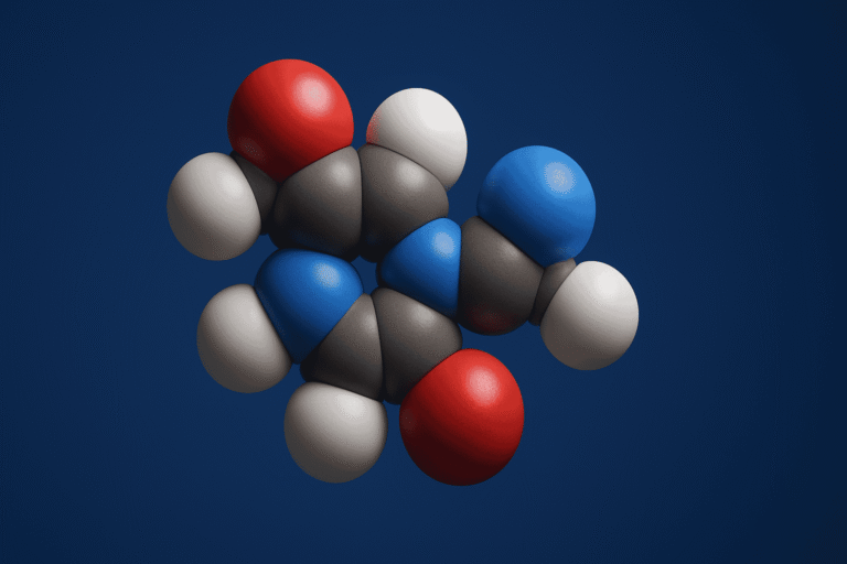 3D molecular model of alpha peptides with colorful atoms on dark background.