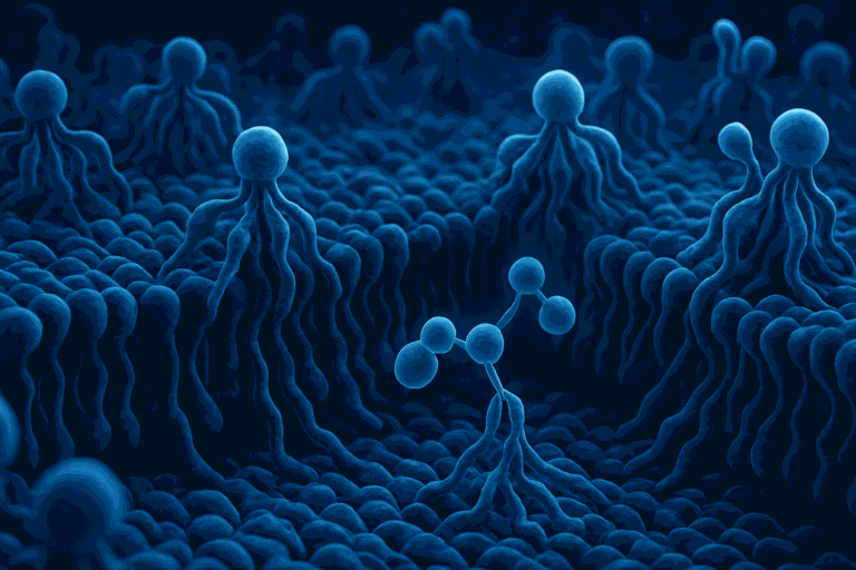 Close-up of peptide molecules interacting with cell membrane for biotech research.