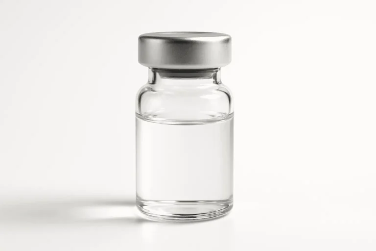 Clear glass vial with a silver cap, used for peptide storage and research.