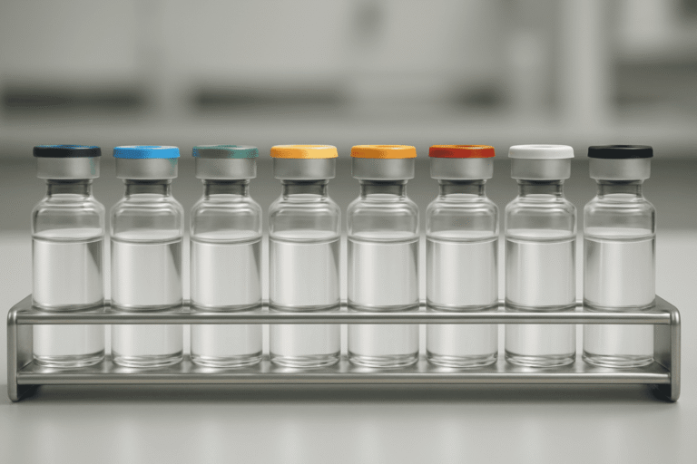 Vials with colored caps on metal rack, laboratory sample containers.